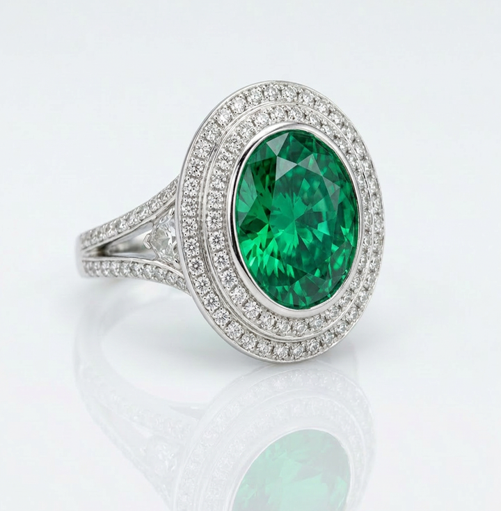 Oval lab-grown emerald ring with double diamond pavé halo, shield-cut side stones and split pavé shank in 14K white gold — studio view