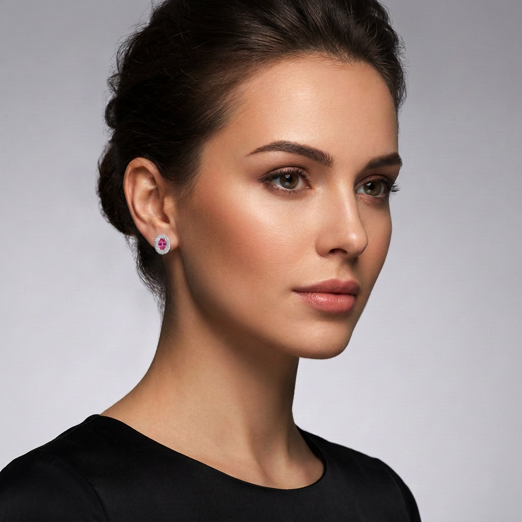 Model wearing the oval pink lab-grown sapphire double halo stud earrings