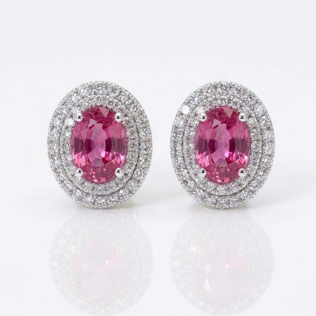 Oval pink lab-grown sapphire stud earrings with double pavé diamond halos in 14K white gold, 1 ct each