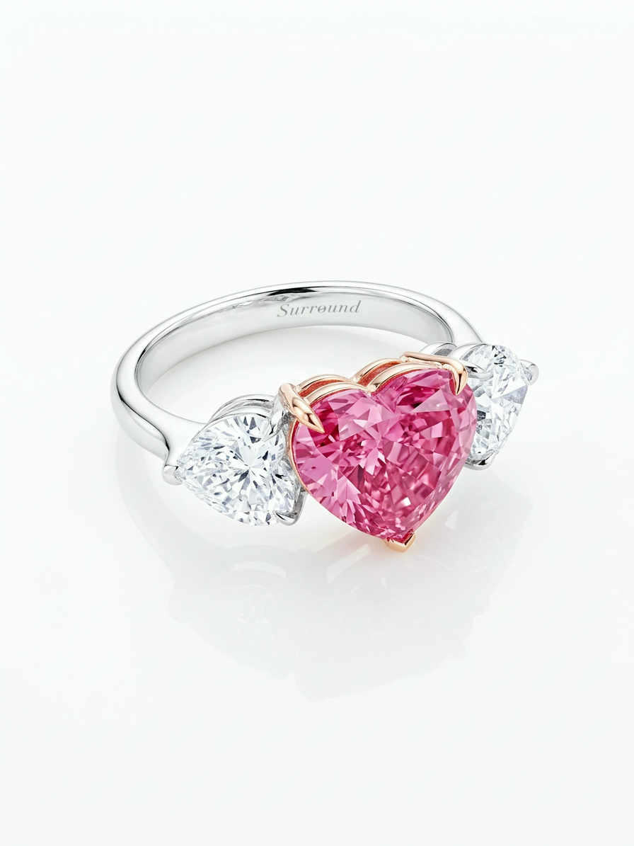 5.02 ct pink heart lab-grown diamond three-stone ring with D VS1 heart sides in 18K white gold