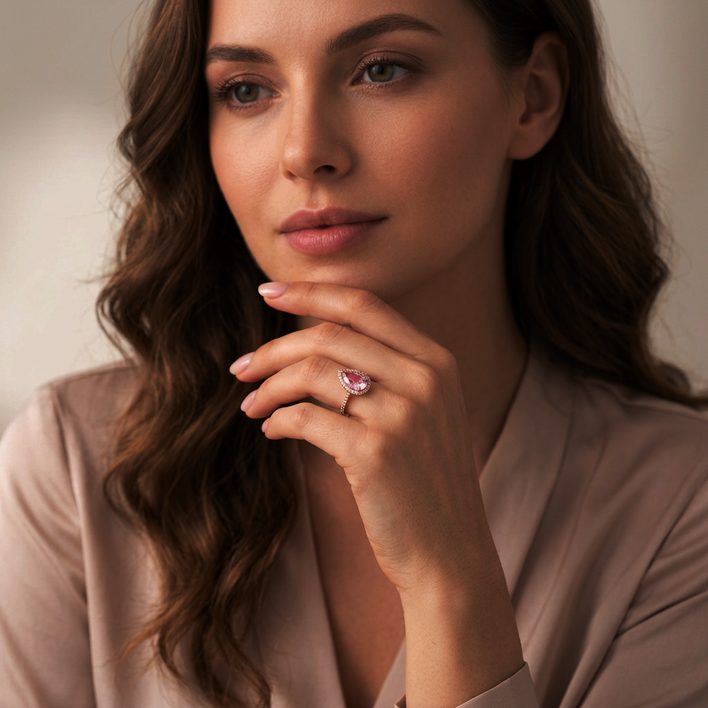 Model wearing the fancy pink pear-cut lab-grown diamond halo ring in rose gold