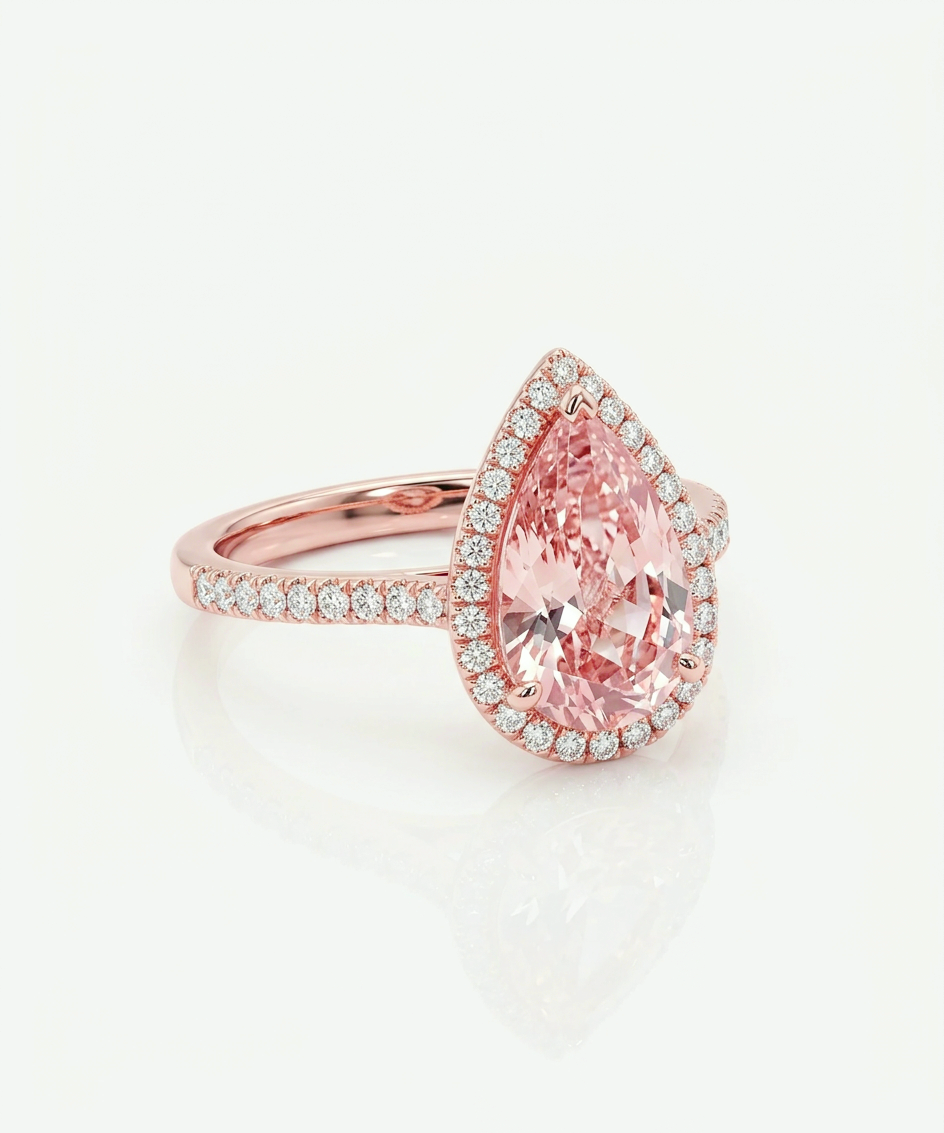 3.5 ct fancy pink pear-cut lab-grown diamond halo ring with pavé band in 14K rose gold