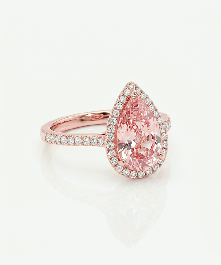 3.5 ct fancy pink pear-cut lab-grown diamond halo ring with pavé band in 14K rose gold