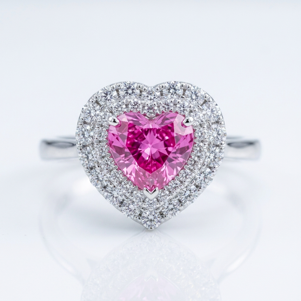 1 ct heart-shaped pink lab-grown sapphire double halo ring in 14K white gold, front view