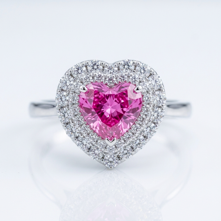 1 ct heart-shaped pink lab-grown sapphire double halo ring in 14K white gold, front view