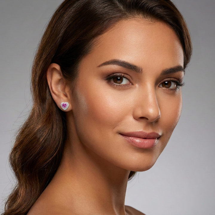 Model wearing the pink lab-grown sapphire heart double halo stud earrings