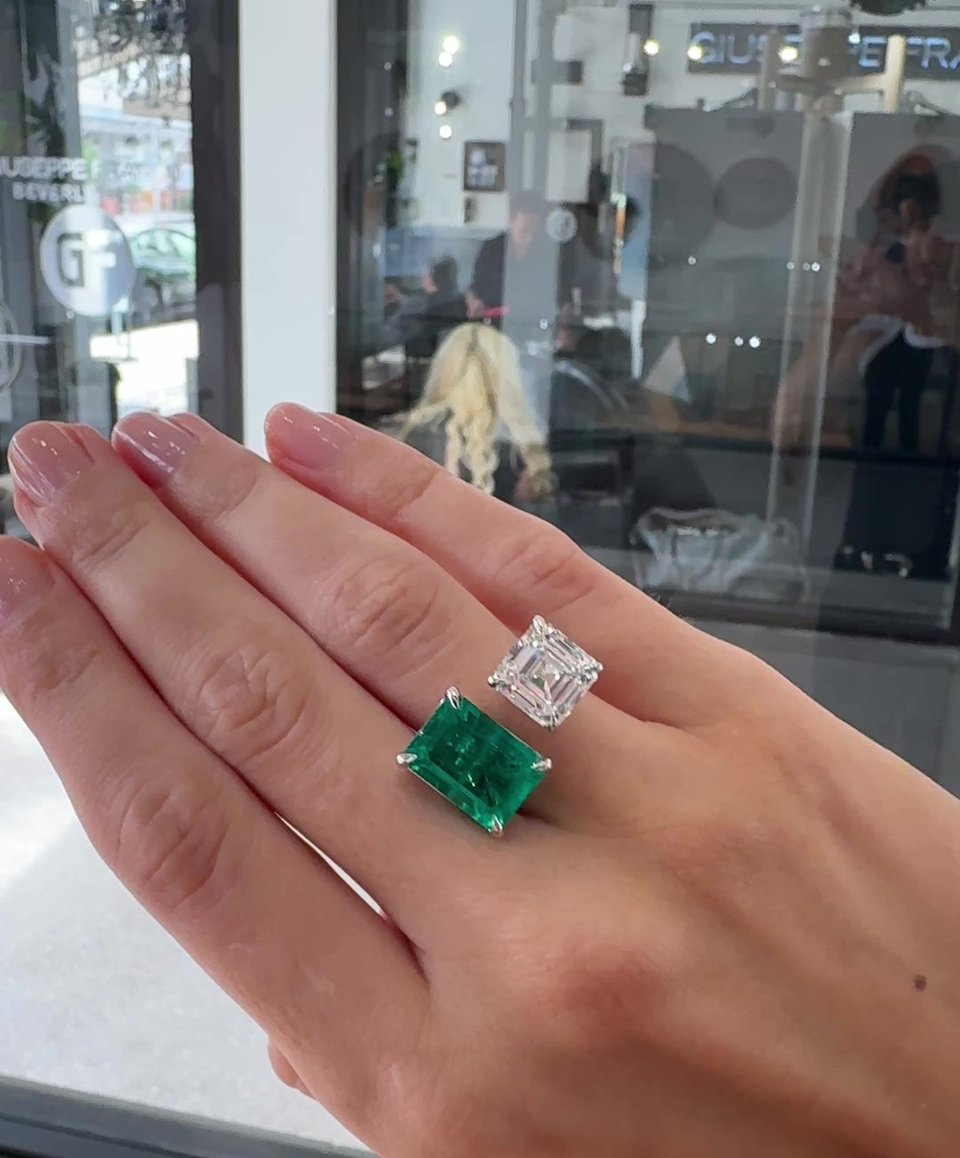 Azuri "Toi et Moi" Two-Stone Ring – 7.6 ct Lab-Grown Emerald &amp; 5 ct Asscher Diamond, 14K White Gold