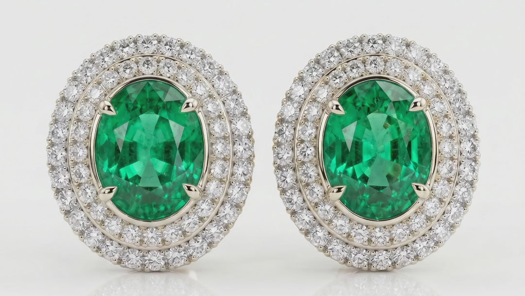 Oval Lab-Grown Emerald Double Halo Stud Earrings – 1 ct Each, 14K White Gold