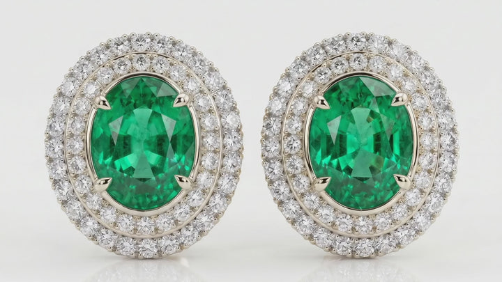 Oval Lab-Grown Emerald Double Halo Stud Earrings – 1 ct Each, 14K White Gold