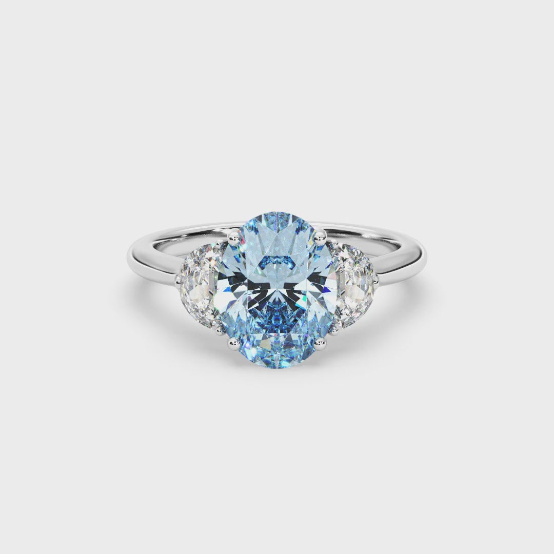 Olivia Fancy Vivid Blue Oval-cut Grown Diamond in Three-Stone Ring