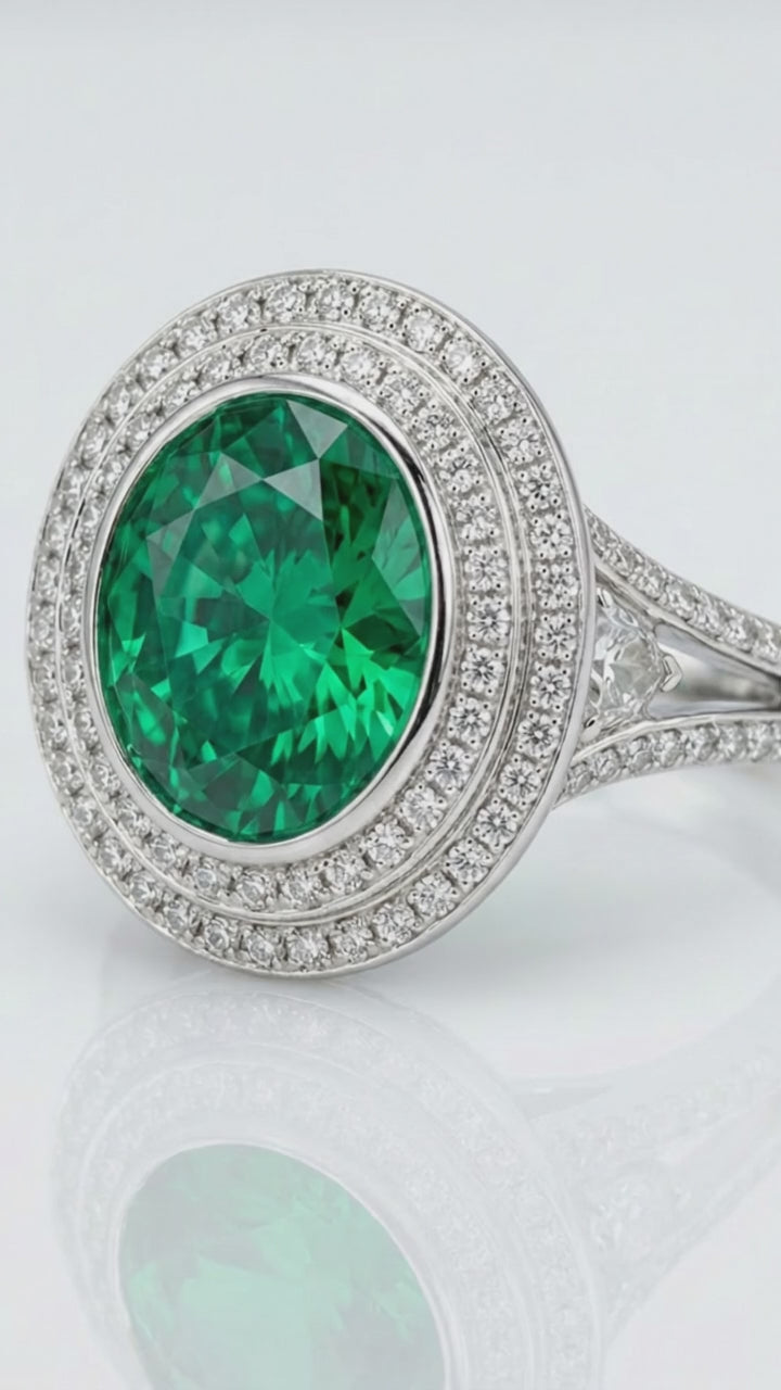 Oval Lab-Grown Emerald Double Halo Pavé Ring – 5 ct, 14K White Gold