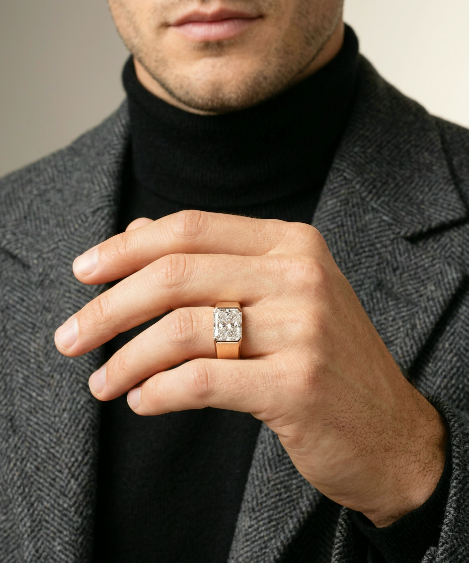 Model wearing the radiant-cut lab-grown diamond bezel ring in rose gold
