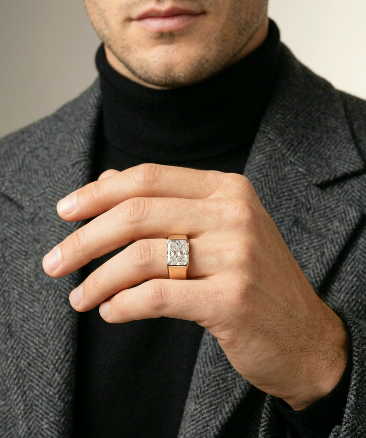Model wearing the radiant-cut lab-grown diamond bezel ring in rose gold