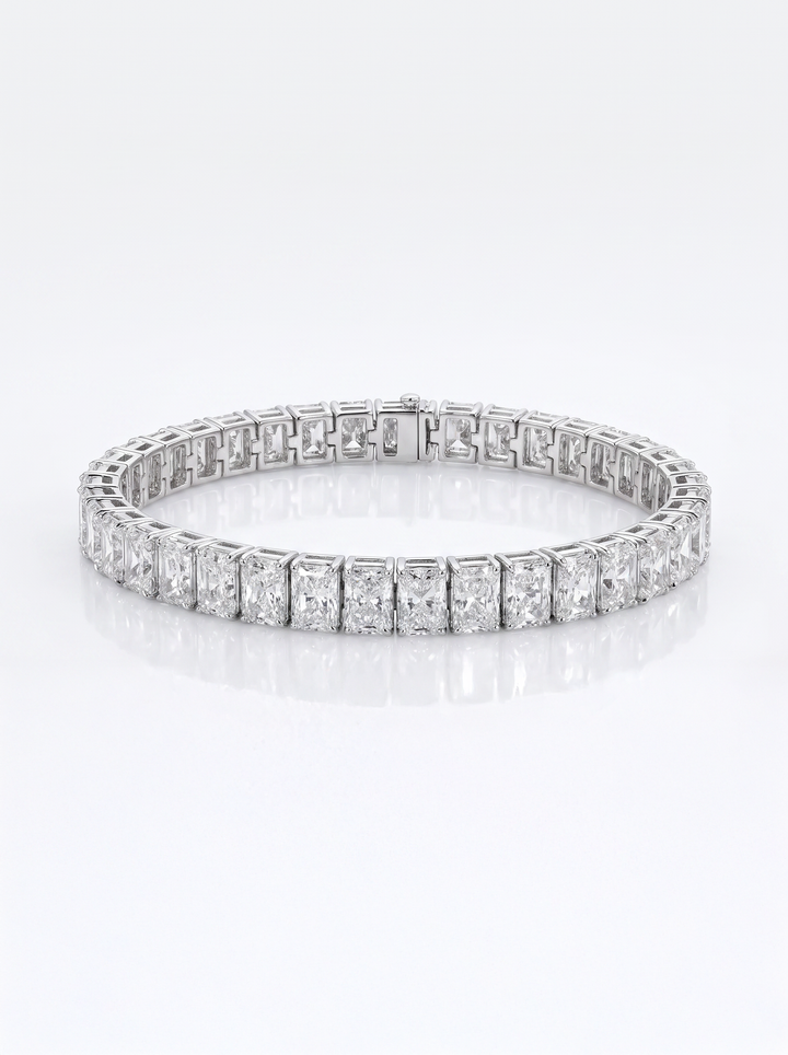 22 ct total weight radiant-cut lab-grown diamond tennis bracelet in 14K white gold with hidden box clasp — studio view