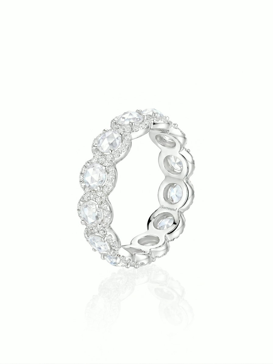 Rose-cut lab-grown diamond halo eternity band with micro-pavé in 18K white gold, Surround engraving inside