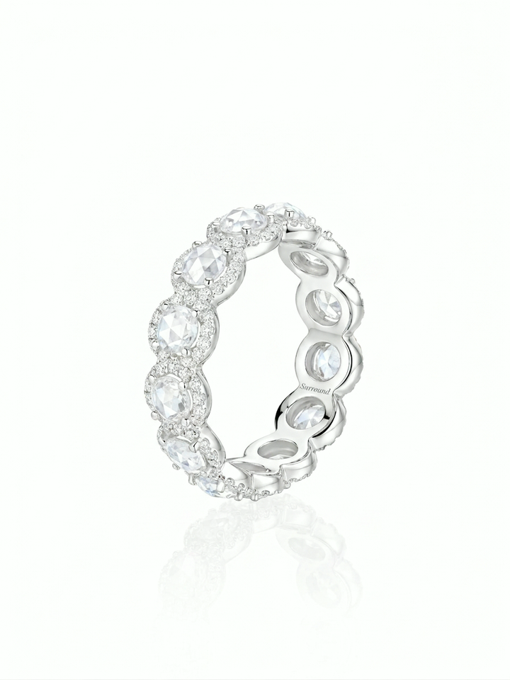 Rose-cut lab-grown diamond halo eternity band with micro-pavé in 18K white gold, Surround engraving inside
