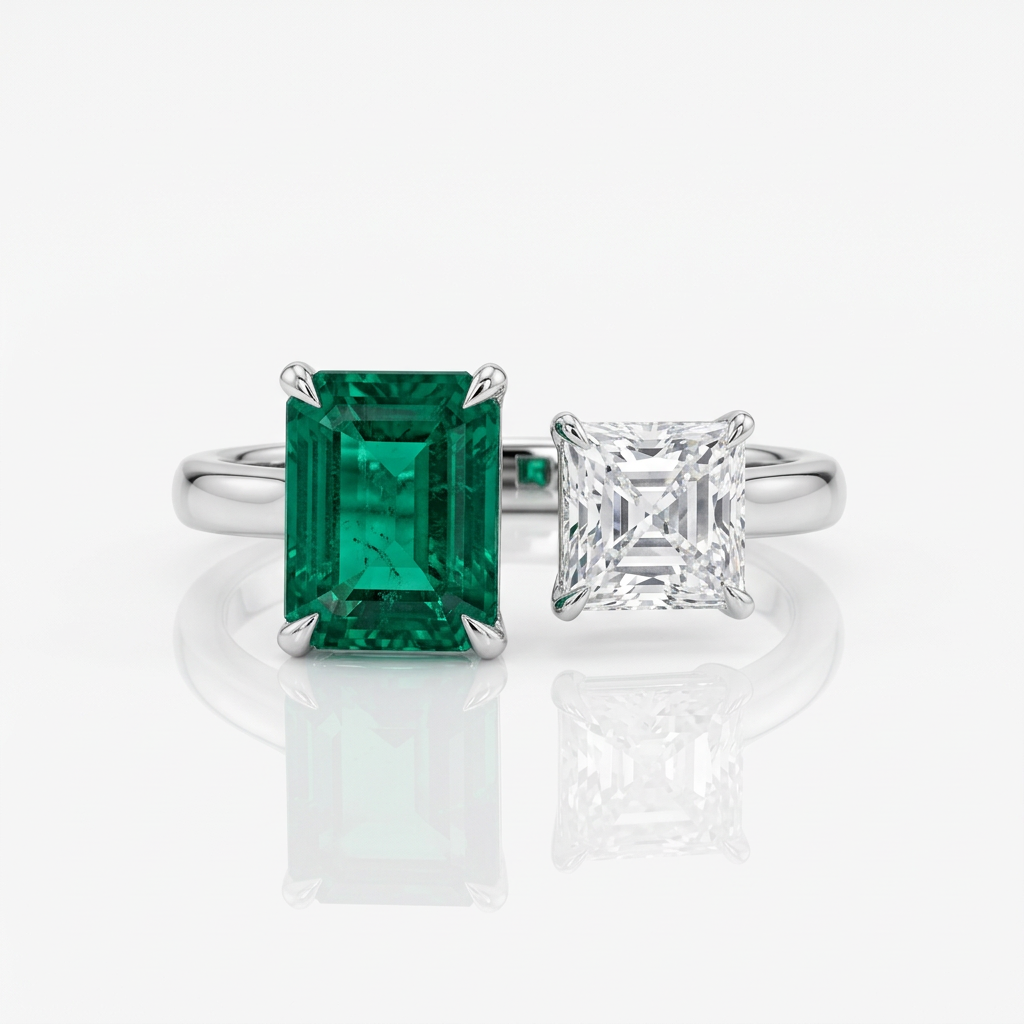 Toi et Moi two-stone ring with 7.6 ct emerald-cut lab-grown emerald and 5 ct Asscher-cut lab-grown diamond in 14K white gold, front view
