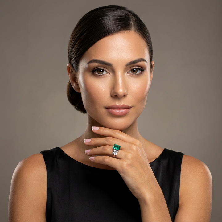 Model wearing the Azuri Toi et Moi two-stone emerald and diamond ring