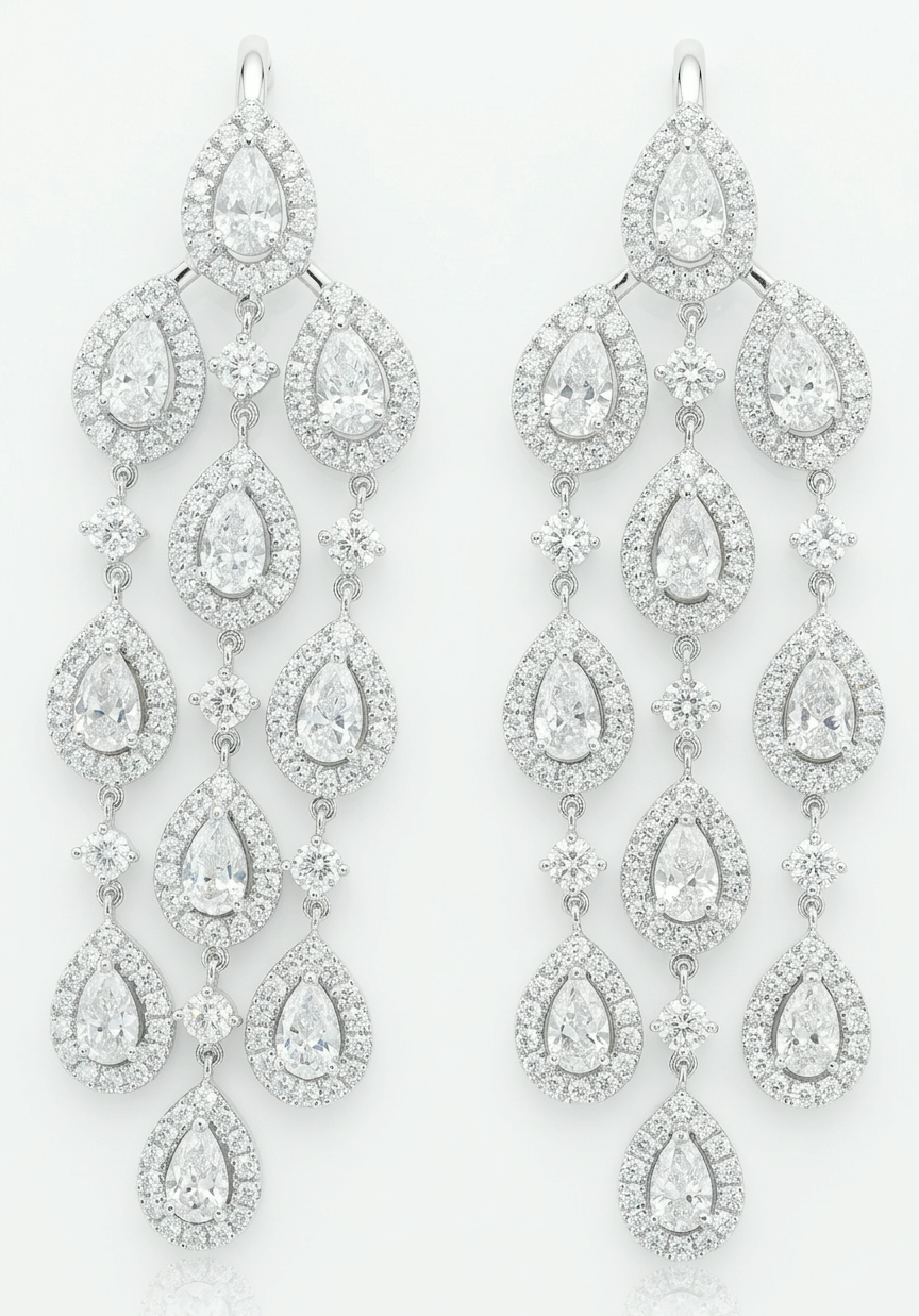 Waterfall chandelier earrings with twenty pear-cut lab-grown diamonds in pavé halos, 10 ct total, 14K white gold