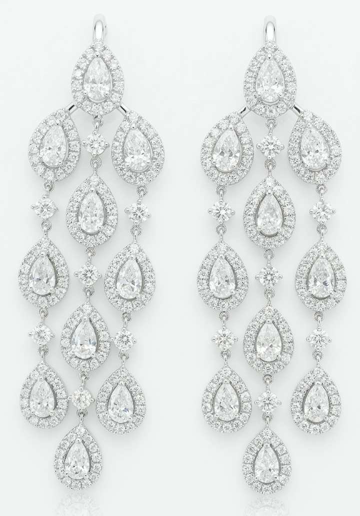 Waterfall chandelier earrings with twenty pear-cut lab-grown diamonds in pavé halos, 10 ct total, 14K white gold