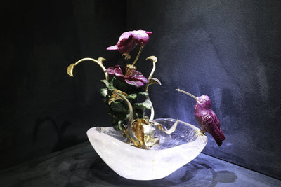 Fine Art sculpture "Ruby Hummingbirds on Vase" - Surround Art & Diamonds Sculpture by L'Aquart