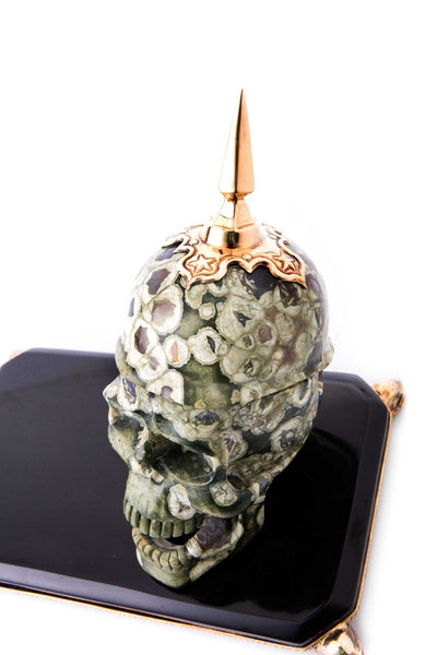 Rainforest Jasper Skull Statue: "Skull of Honor" - Surround Art & Diamonds Sculpture by L'Aquart